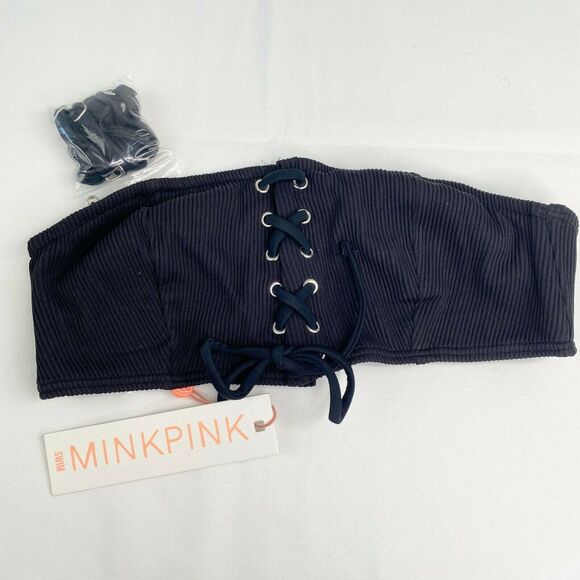Mink Pink Kylie Black Lace-Up Ribbed Bandeau Bikini Top Women's Size Medium M - Picture 1 of 9